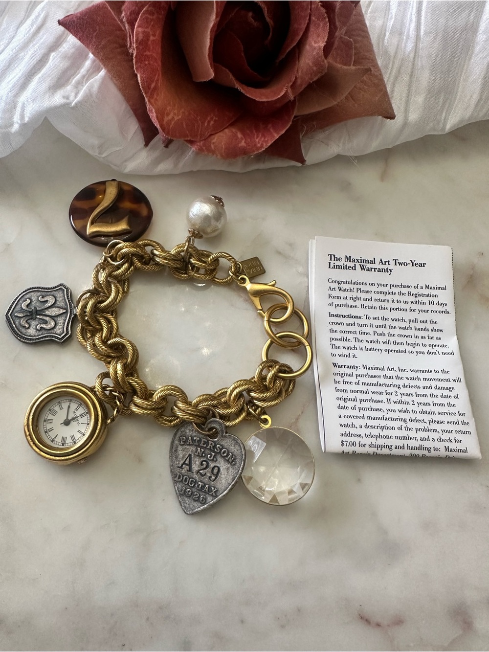 Maxima John Wind Gold and Pearl Charm Bracelet, Watch Pendant- Working- Like new